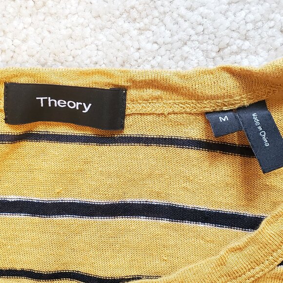Theory Yellow Blue Striped Linen Short Sleeve Top T-Shirt Women's Size M Preppy - Picture 3 of 6